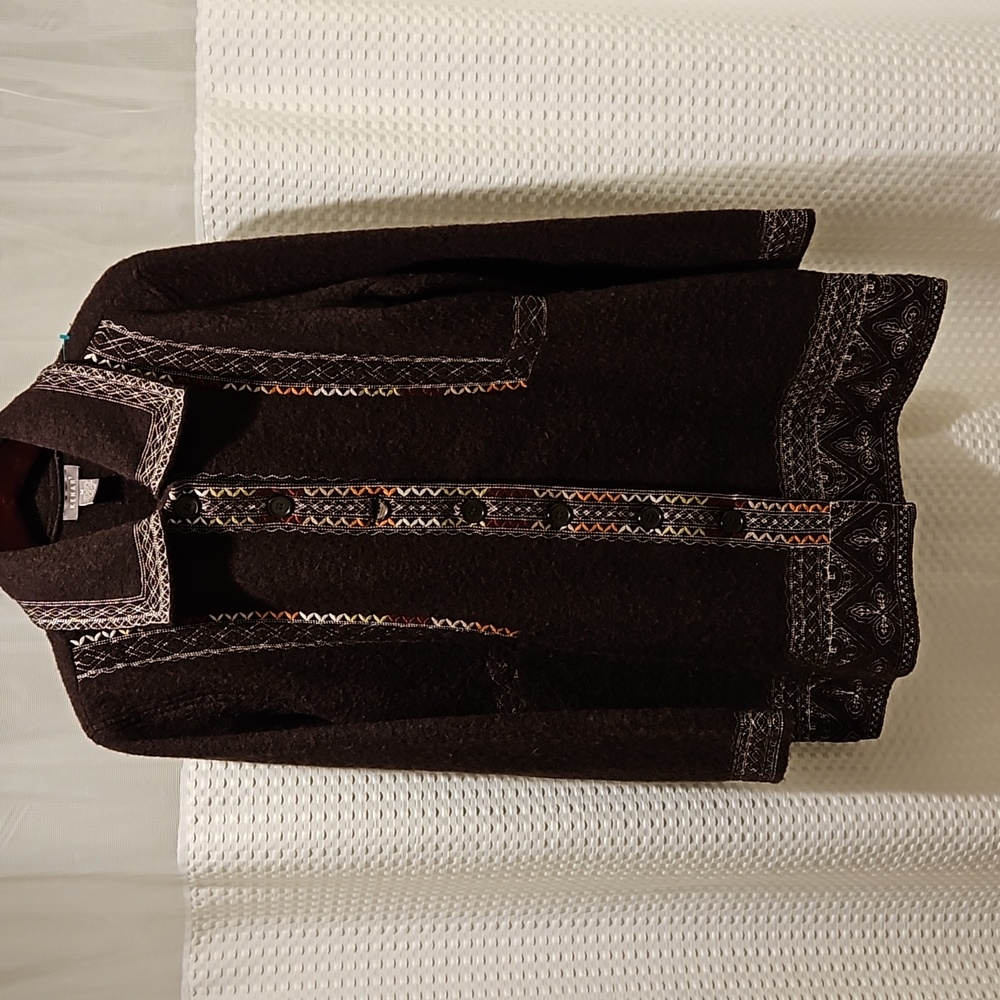 Vintage boho Kenar Scandi Girl Long Brown Embroidered boiled Wool Coat medium
